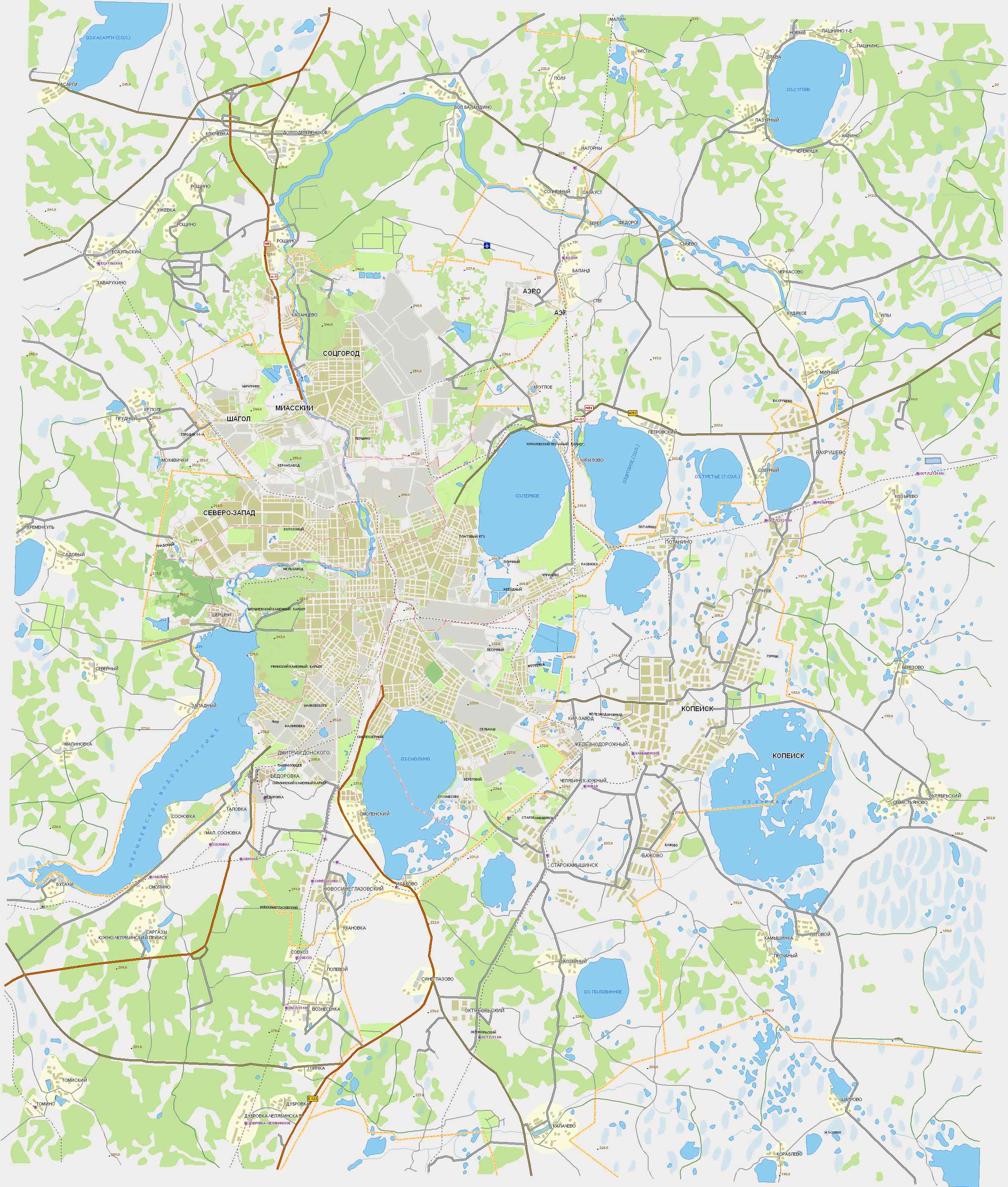 Карта районов Челябинска. Дороги, пригороды и районы г. Челябинск