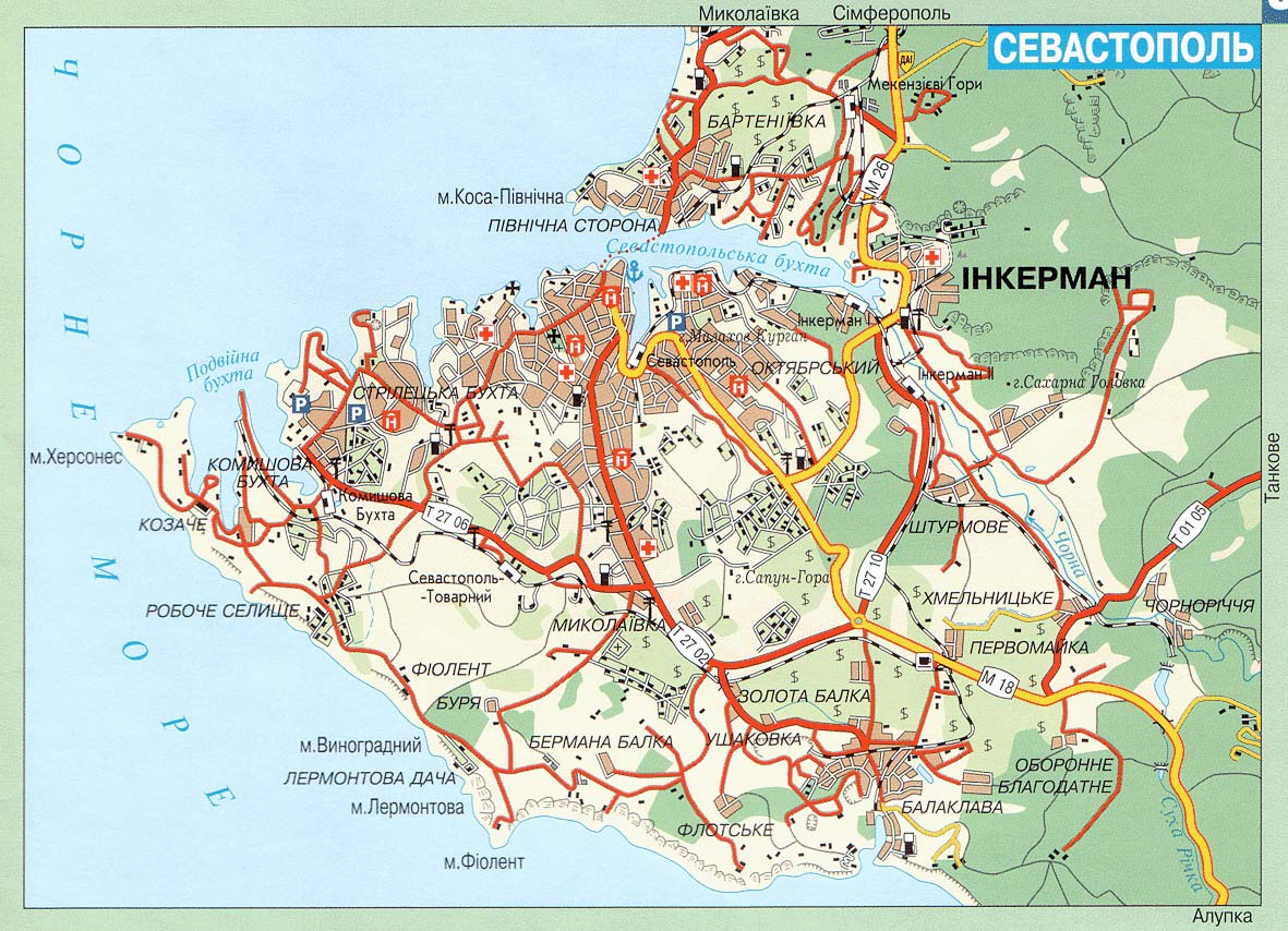 Севастополь. Карта Севастополя. Карта автомобильных дорог Севастополя.